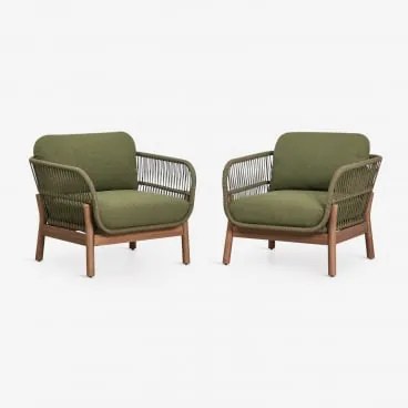 Zestaw 2 Foteli Ogrodowych Z Drewna Akacjowego I Plecionej Liny Karvia Akacja Brąz & Bouclé Salvia Zieleń - Sklum