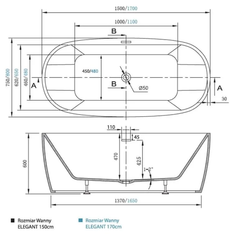 Wanna wolnostojąca owalna akrylowa biała 170 x 80 cm ELEGANT | Możliwa opcja Go Color : Wybierz swój kolor - Twój wybrany kolor z palety RAL