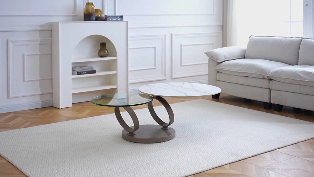 Stolik kawowy z obrotowymi blatami JOLINE - Hartowane szkło i ceramika - Efekt marmuru - Kolor biały