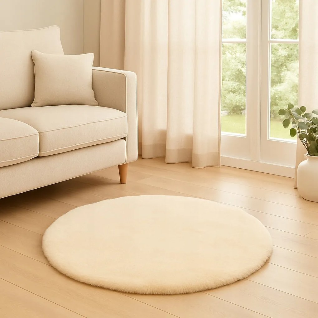 Dywanik futrzany kremowy okrągły FI80cm miękki puszysty guma antypoślizgowa