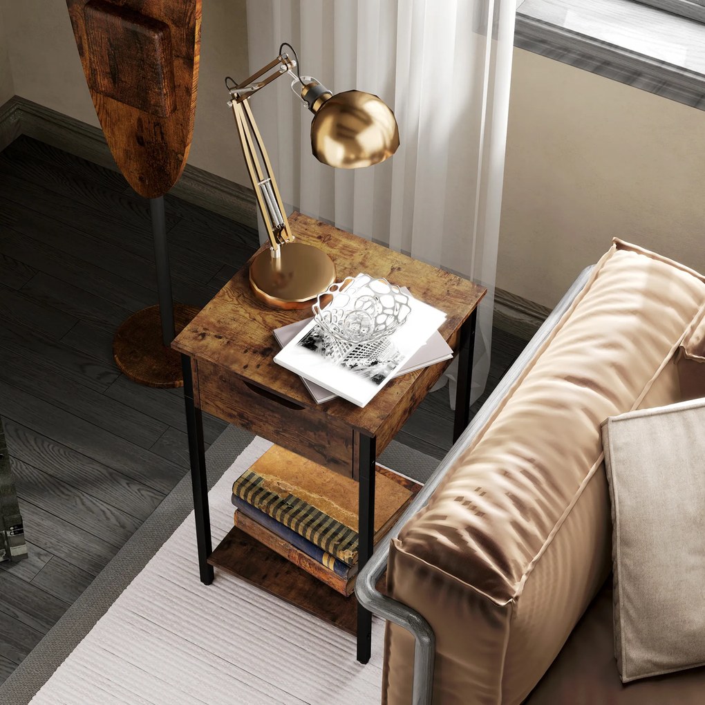 HOMCOM Stolik w stylu industrialnym z szufladą, półką, metalową ramą, drewnem, 40 x 40 x 68 cm, Brązowy