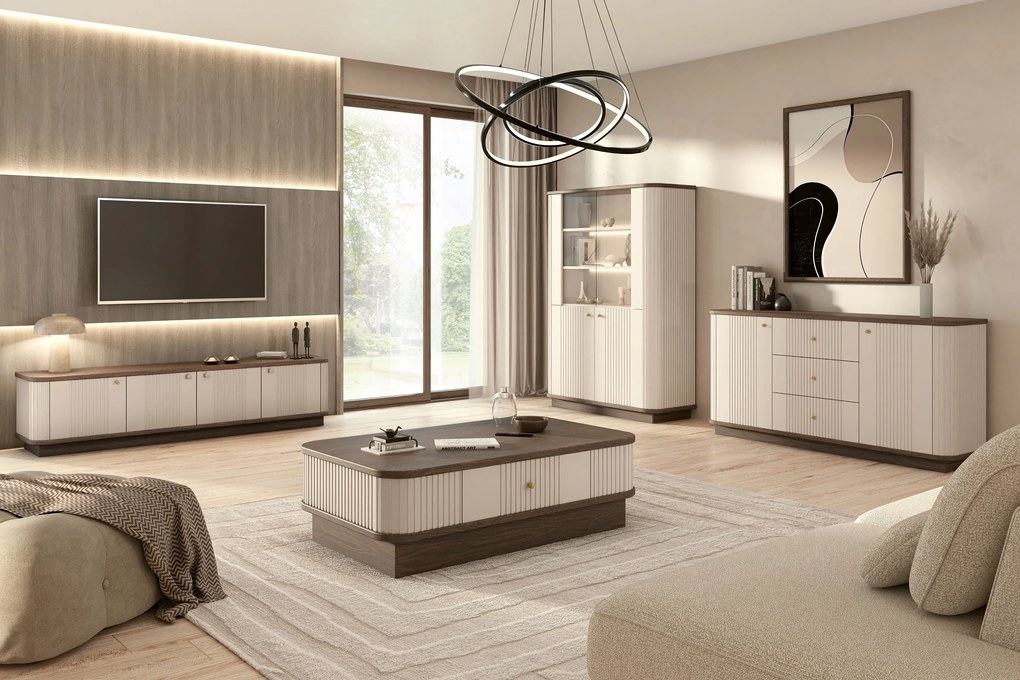 Stolik kawowy Vesper 103x60 cm z szufladą na cokole - kaszmir / orzech / złoty uchwyt