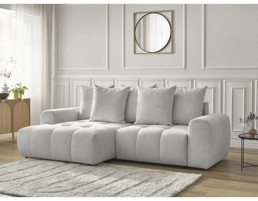 Jasnoszary rozkładany/ze schowkiem narożnik z tkaniny szenilowej (lewostronny/z szezlongiem) Roxelane – Bobochic Paris