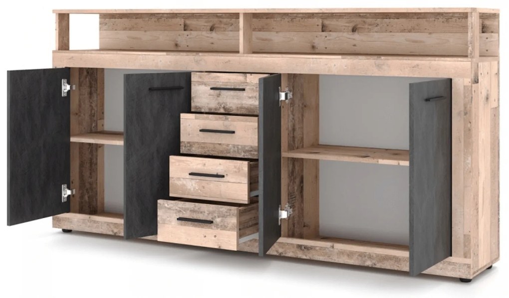 Komoda Czterodrzwiowa BLAGO 190 cm Surowy Dąb/Czarny Loft
