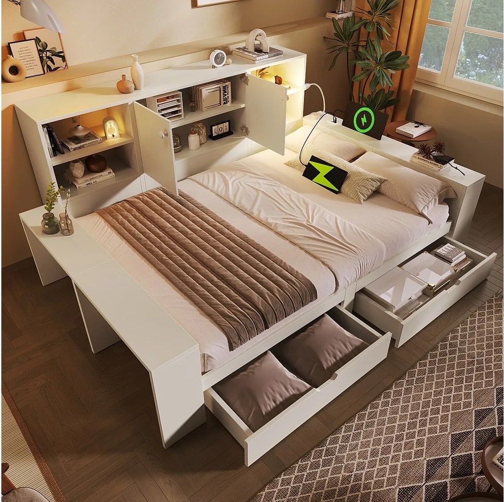 Łóżko dziecięce z pojemnikiem - 90 x 200 cm - z szufladami + półką + portem USB - MDF - białe