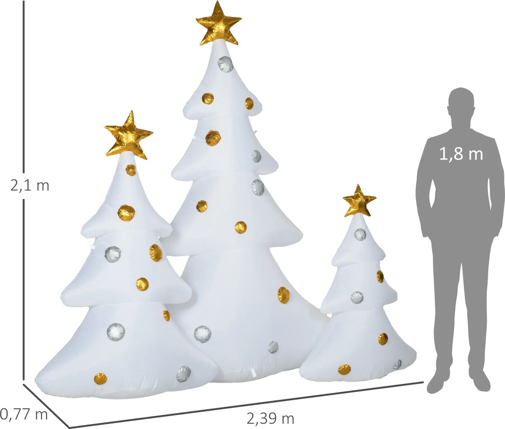HOMCOM Zestaw 3 nadmuchiwanych choinek świątecznych, w tym wentylator, na zewnątrz i do wnętrz, z zestawem montażowym, Biały+Złoty