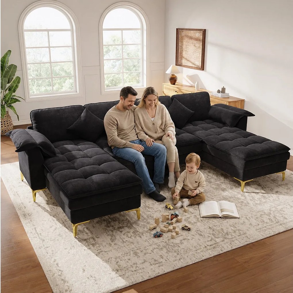 Modułowa sofa narożna U/L 6-osobowa z 2 pufami ze schowkiem i konsolą centralną USB/Type-C - Chenille - 316 x 140 x 84,5 cm - Czarna