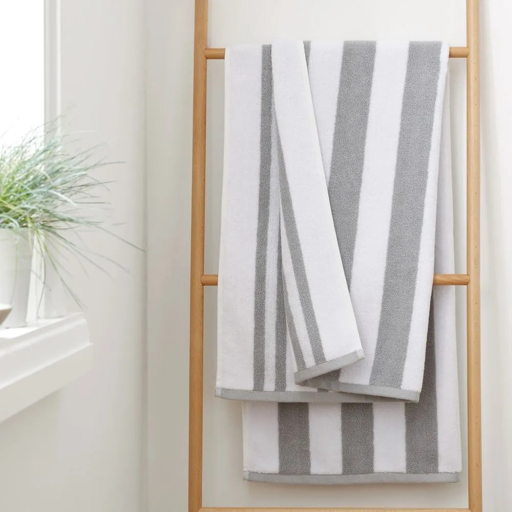 Biało-szary bawełniany ręcznik kąpielowy frotte 90x140 cm Reversible Stripe – Bianca