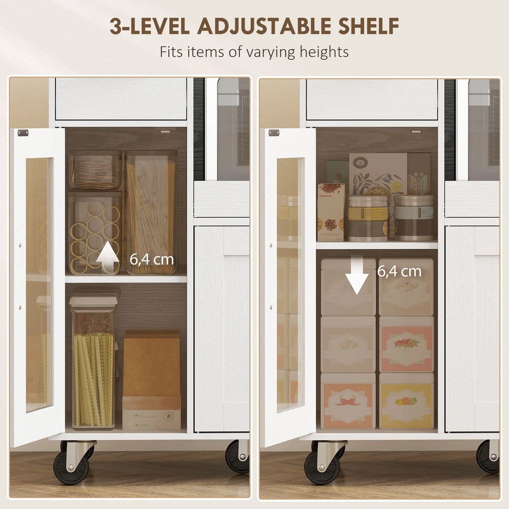 HOMCOM Szafka kuchenna na kółkach, mobilna komoda kuchenna z półkami, szufladami, regulowaną półką, otworem na kabel, biały