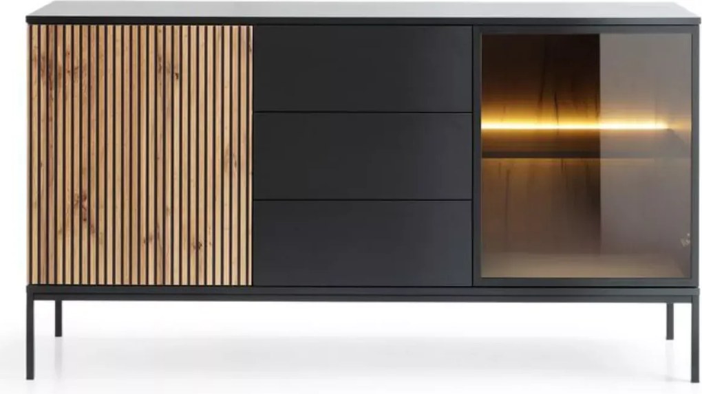 Komoda Shark 154 LED nowoczesna loft szafka do salonu jadalni czarna kaszmir dąb wotan push to open
