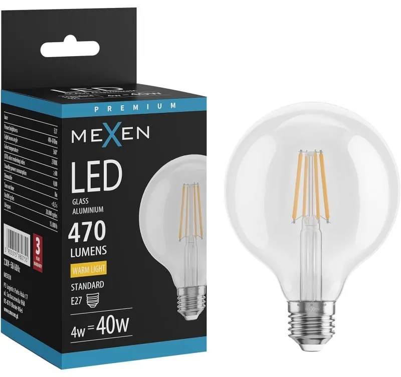 Mexen Vintis żarówka filament LED E27, G95, 4W, Ciepła - 2700K, 470 lm, clear - L157-E27-0427-00