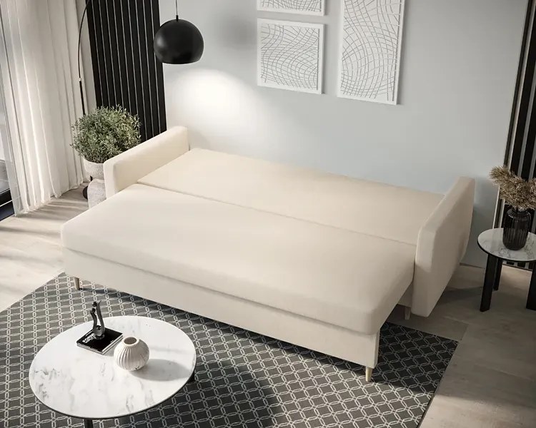 Kremowa tapicerowana welurem sofa rozkładana - Ahmo
