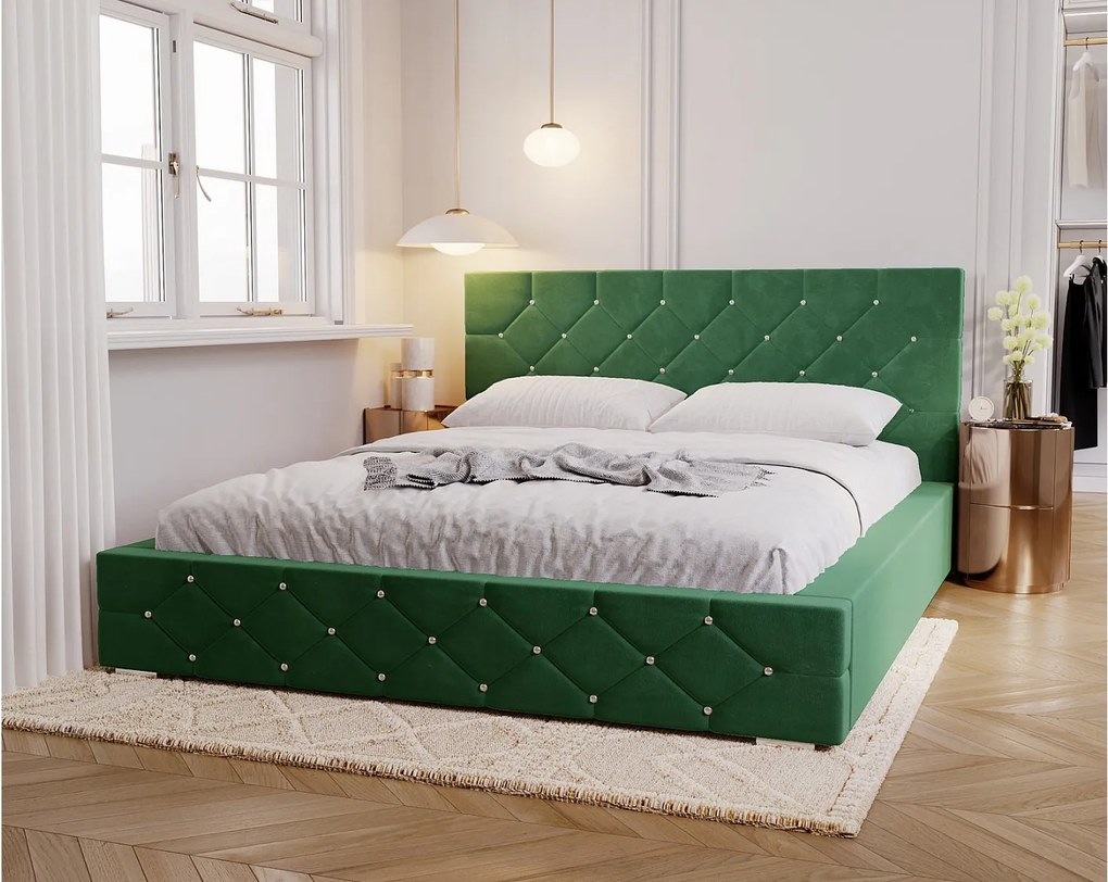 Emporius Solar łóżko tapicerowane 160x200 cm - eleganckie łóżko w stylu glamour - kryształki, pojemnik i stelaż, tkanina aksamitna, zielony (Magic Velvet 2225)