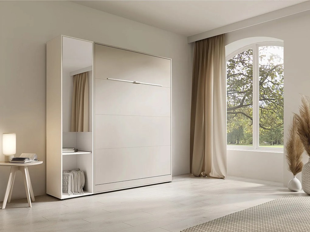 Łóżko chowane w szafie pionowe 140 x 200 cm - 1 kolumna do przechowywania - Z lustrem i oświetleniem LED - Beżowe + Materac - RAPILI