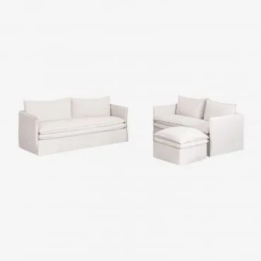 Zestaw Wypoczynkowy Z Sofą 2-osobową, Sofą 3-osobową I Pufem Z Lnu I Bawełny Grace Tkaniny Distressed White - Sklum