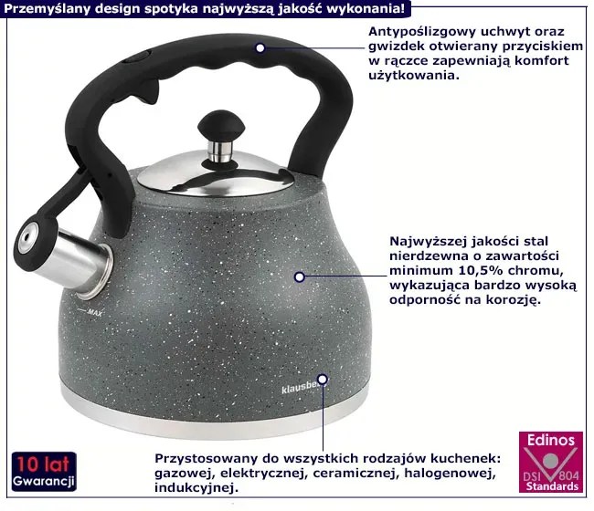 Stalowy czajnik z gwizdkiem szary marmur 2,7L D5-K17