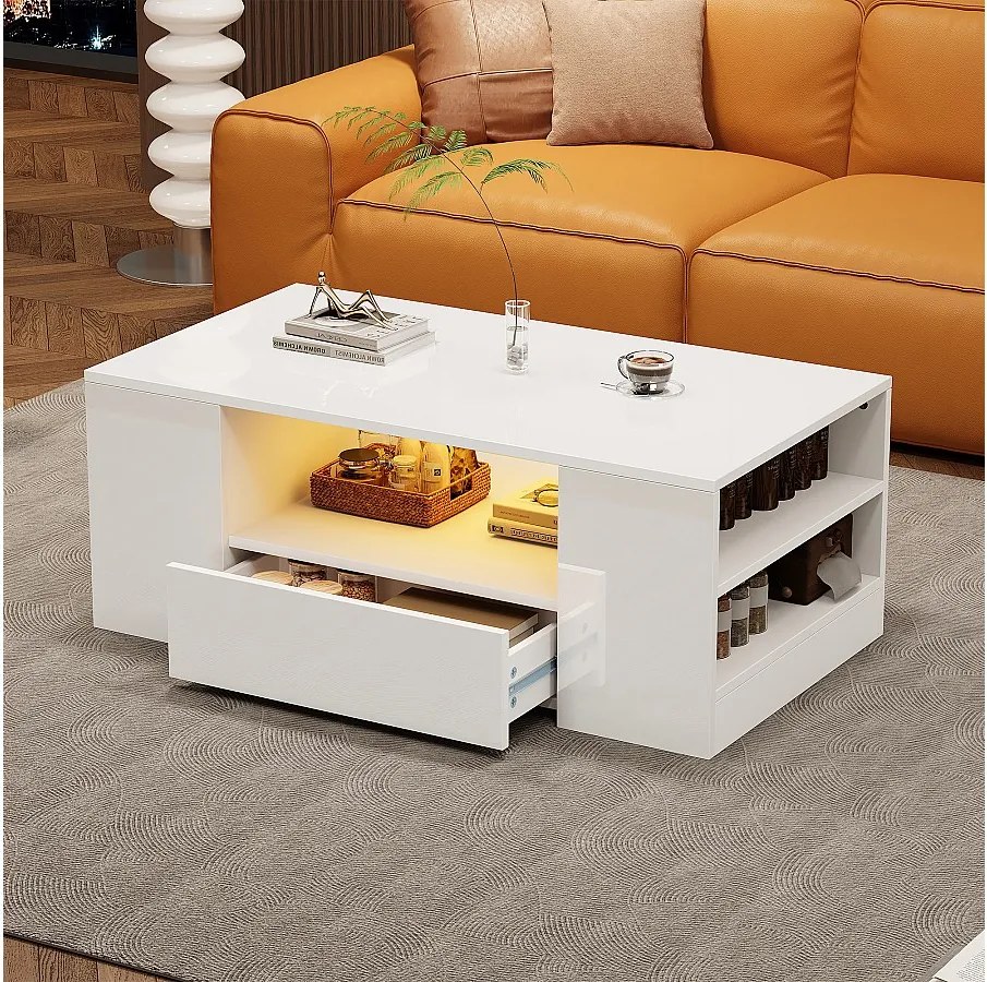 Nowoczesny stolik kawowy lakierowany na wysoki połysk - 95 x 53 x 37 cm - z 2 szufladami + 2 półkami - płyta wiórowa - biały