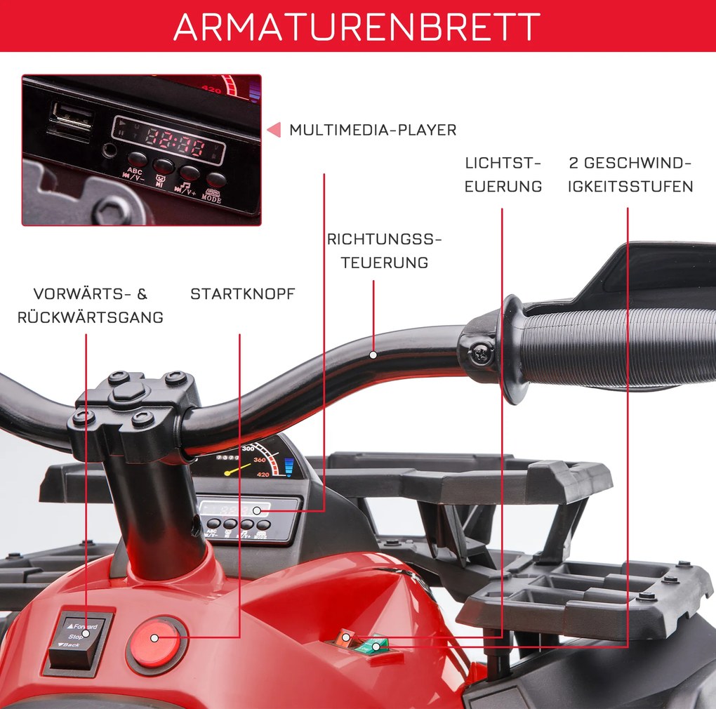 HOMCOM Elektryczny Quad dla dzieci z oświetleniem LED i portem USB Czerwony pojazd dla najmłodszych 100x65x73cm | Aosom PL