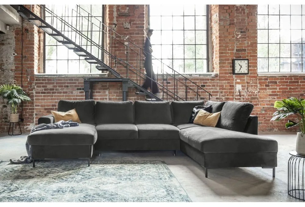 Ciemnoszara aksamitna rozkładana sofa w kształcie litery "U" Miuform Lofty Lilly, prawostronna