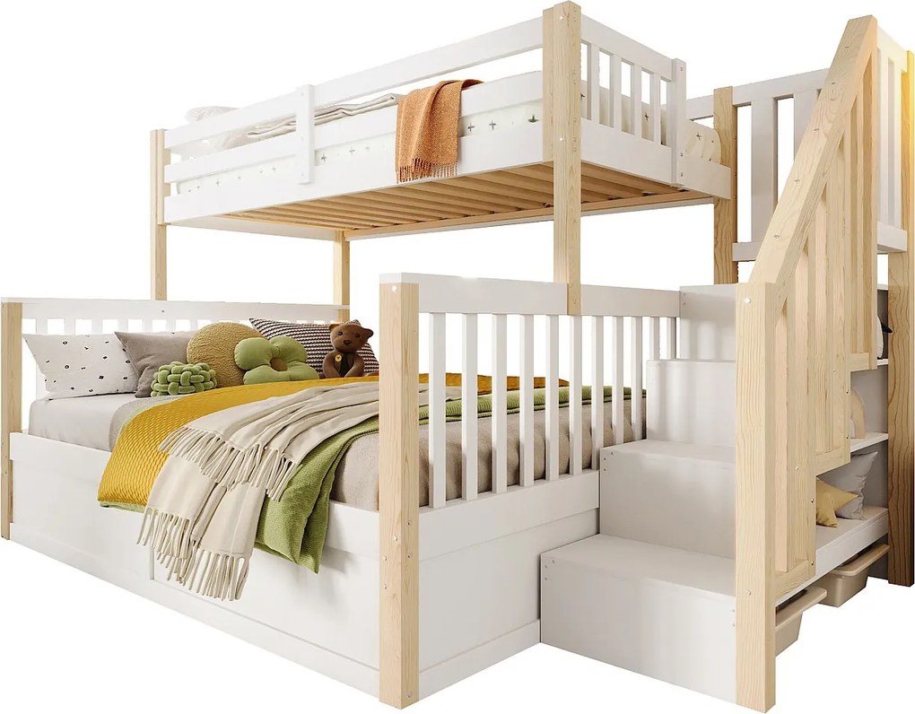 Łóżko piętrowe dla dzieci - 90 x 200 cm + 140 x 200 cm - z hydraulicznym schowkiem i drabinką - drewno - białe + naturalne