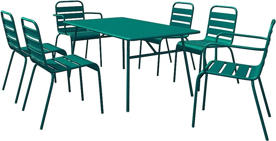 Zestaw mebli jadalnianych ogrodowych z metalu - stół o dł. 160 cm, 2 sztaplowane fotele i 4 sztaplowane krzesła - Błękit morski - MIRMANDE marki MYLIA