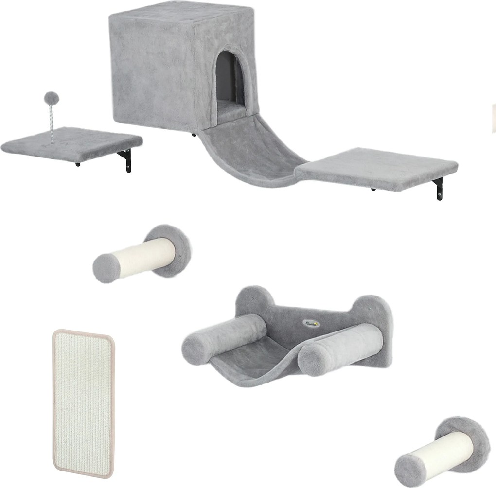 PawHut Ścianka Wspinaczkowa dla Kotów 6-elementowy zestaw z domkiem dla kota, hamakiem, platformą, drapakiem Szary