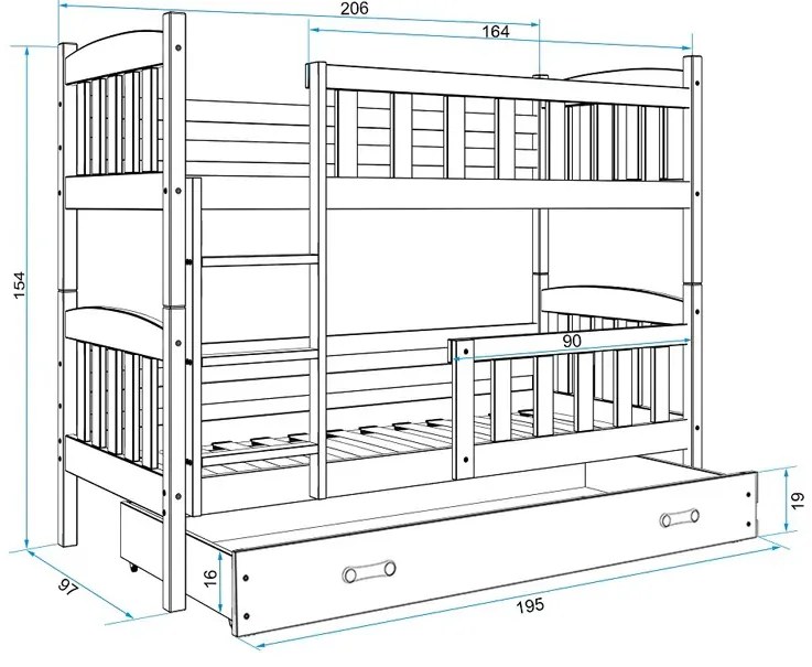 Białe piętrowe wspólne łóżko dla rodzeństwa z szufladą 90x200 M5-W65