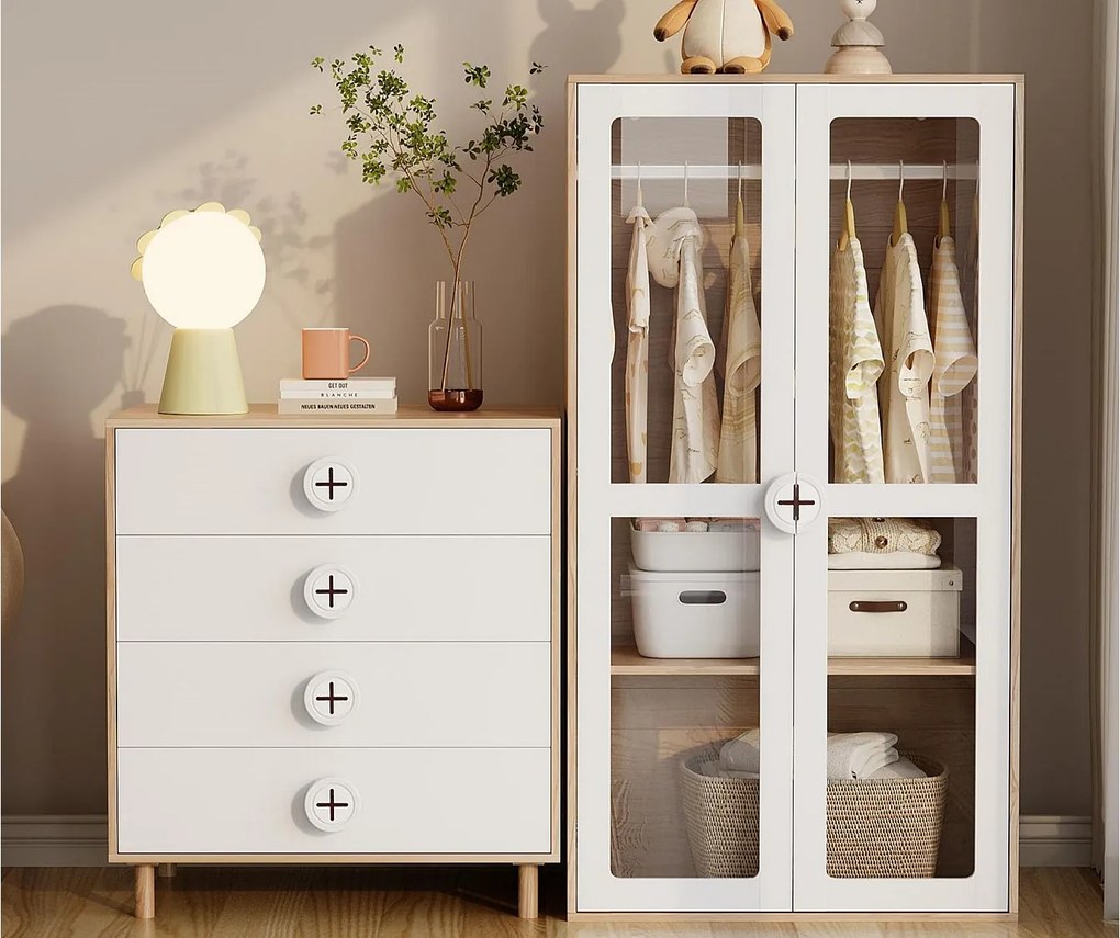 Zestaw szafa 2-częściowy - szafa + stolik nocny - 4 szuflady i 2 drzwi - biały + naturalny