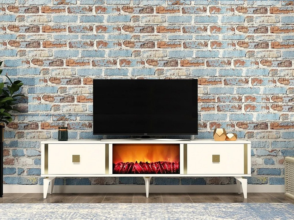 Szafka RTV z kominkiem elektrycznym – 150 cm – biało-złota – melamina