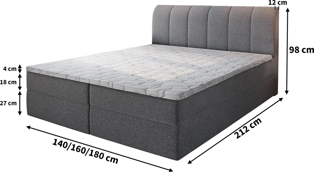 Masseno Łóżko kontynentalne CEVANO z pojemnikiem na pościel 140x200 cm - Czarny, COSMIC 100