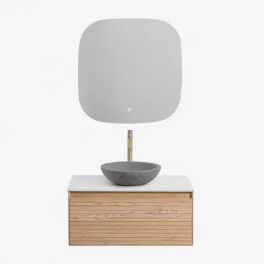 Zestaw Wiszących Mebli Łazienkowych Z Drewna Jesionowego Tedrik Popielaty Brąz & Okrągły Szary Cement Ø40 Cm - Sklum