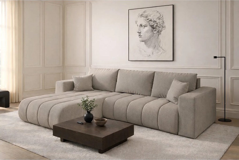 Narożnik z funkcją spania i pojemnikiem MILO PREMIUM, tkanina Wind, Szary, Lewy