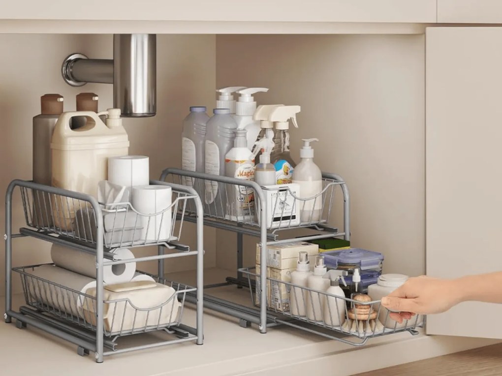 Organizer z wysuwanymi koszami SOLIDO do układania w stos, szary