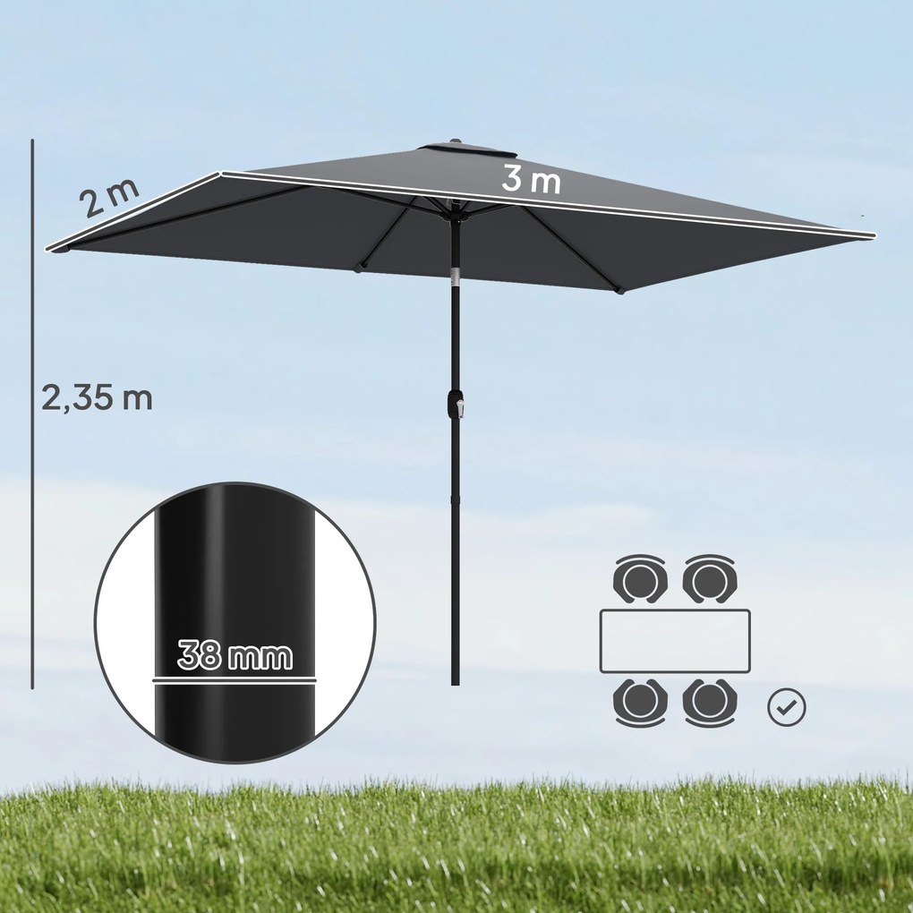 Outsunny Parasol ogrodowy 300 x 200 cm regulowany z korbką, ciemnoszary | Aosom PL