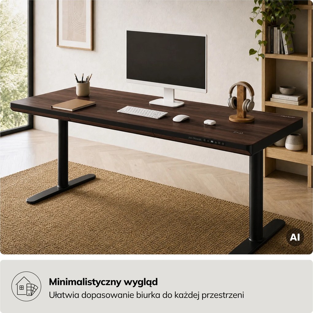 Biurko elektryczne sit-stand z szufladą i ładowarką bezprzewodową Qi czarne/orzech, 1600 mm: ELLIS
