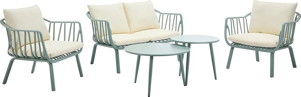 Zestaw mebli ogrodowych z polipropylenu i metalu: kanapa 2-osobowa, 2 fotele i 2 stoliki kawowe - Migdałowa zieleń - LOYNA marki MYLIA