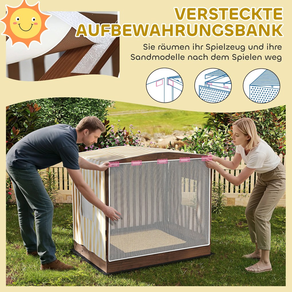 Piaskownica AIYAPLAY, drewniana skrzynia z baldachimem i siatkowymi drzwiami, ławki, ochraniacz podłogi, kolor brązowy