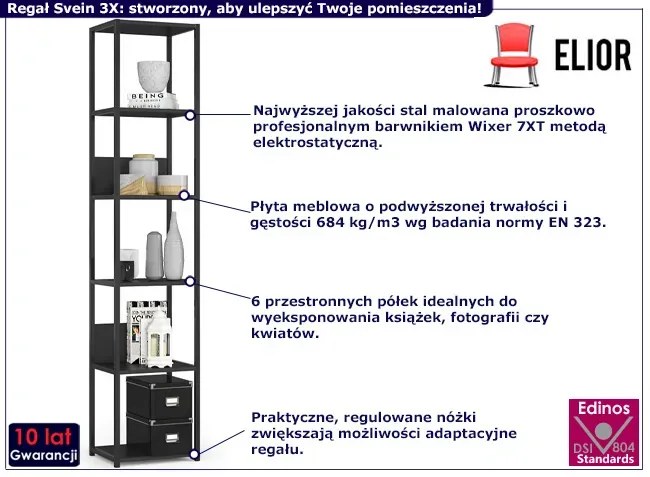 Industrialny czarny regał z 6 półkami - Svein 3X