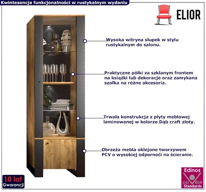 Wysoka witryna słupek z półkami i szafką L1-P69