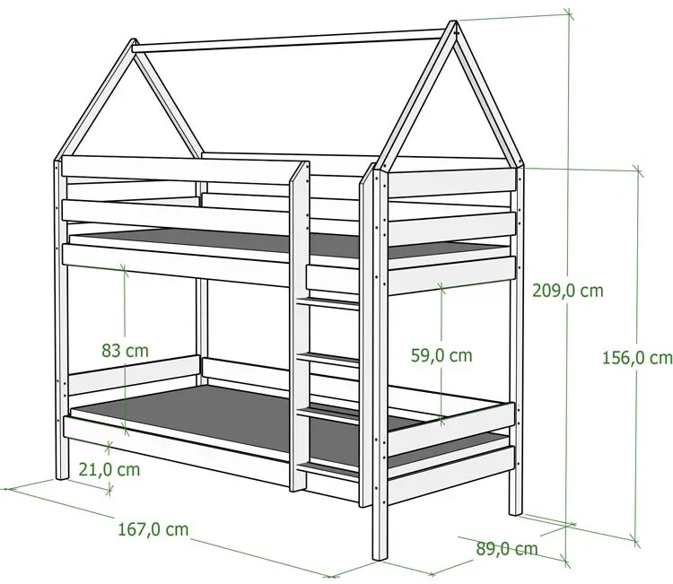 Różowe dziecięce łóżko piętrowe domek z 2 materacami - Zuzu 3X 160x80 cm