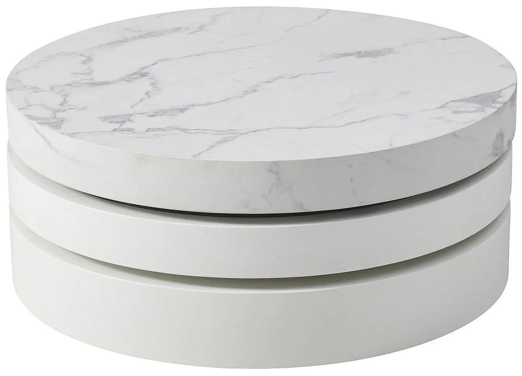 Stolik kawowy obrotowy okrągły z 1 wnęką z MDF - Efekt białego marmuru i biały lakierowany - JANITA