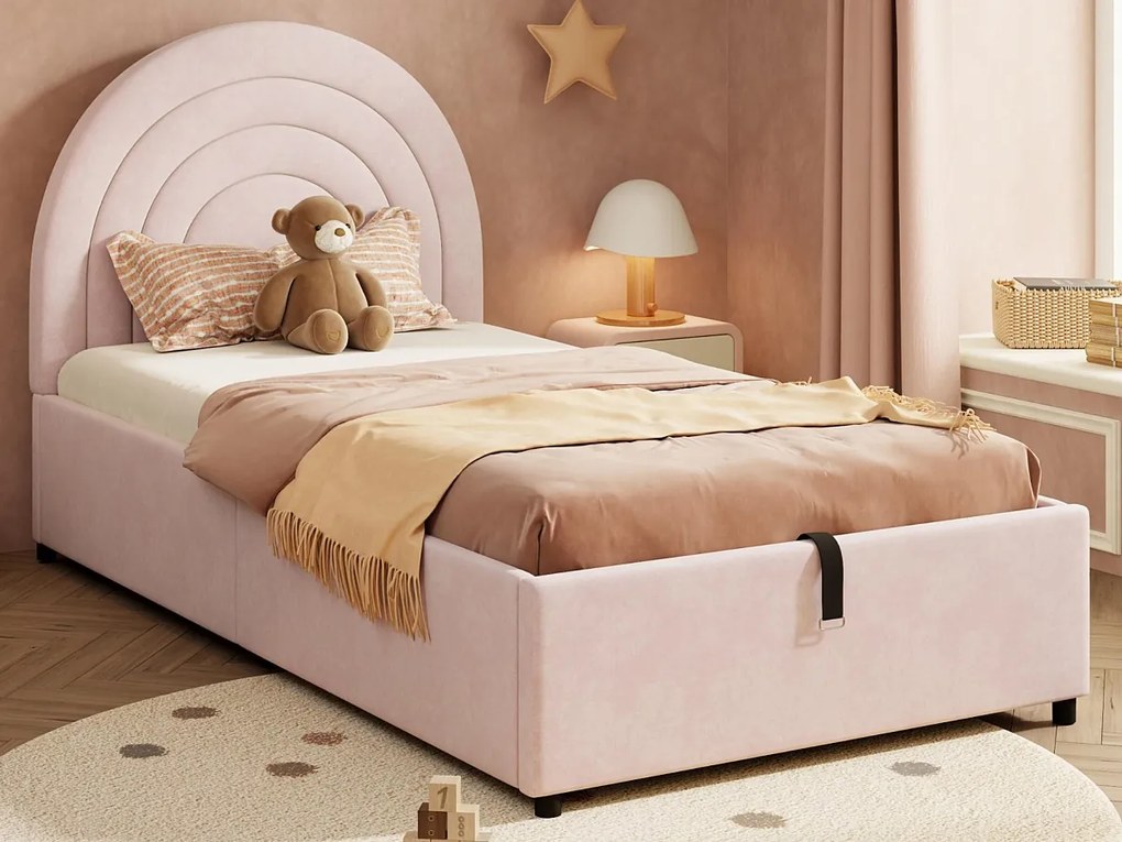 Łóżko z pojemnikiem dla niños 90x200 cm - zagłówek w kształcie tęczy - Aksamit - Różowy (materac nie jest w zestawie)