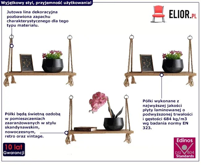 Komplet trzech półek wiszących dąb craft złoty - Latina 3X