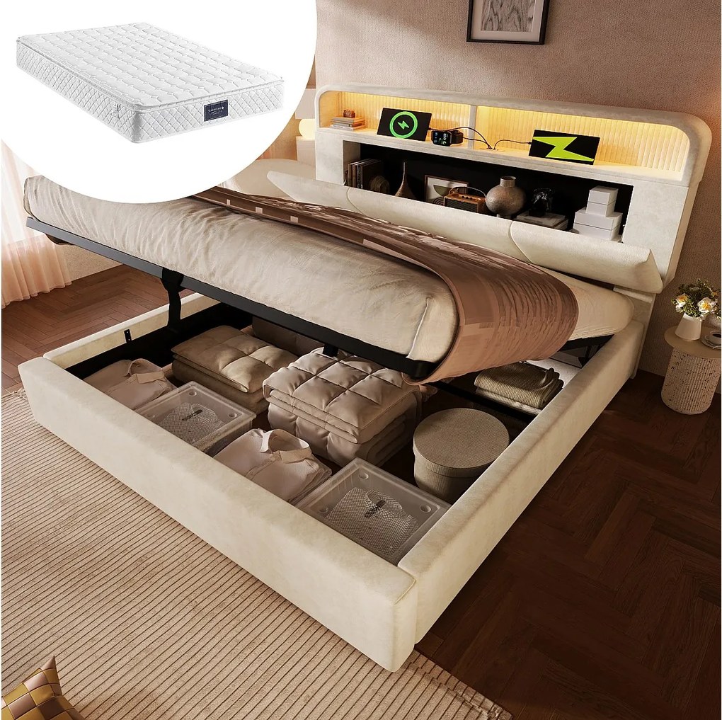 Łóżko z pojemnikiem 140 x 200 cm - Łóżko podwójne z oświetleniem LED i miejscem do przechowywania - welur beżowy - materac w zestawie
