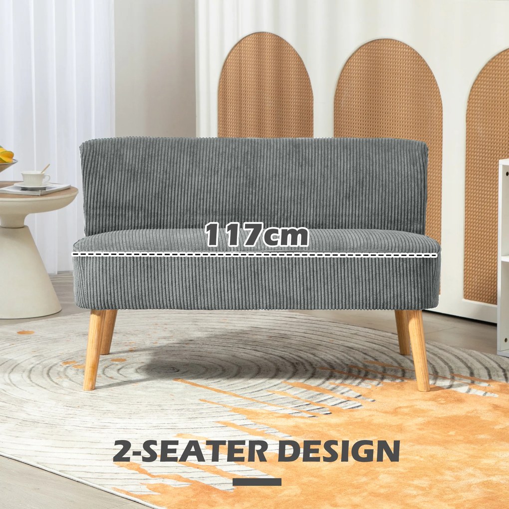 HOMCOM Sofa 2-osobowa, Drewno, Aksamitny poliester, Pianka, 117 x 56,5 x 77 cm, Szara