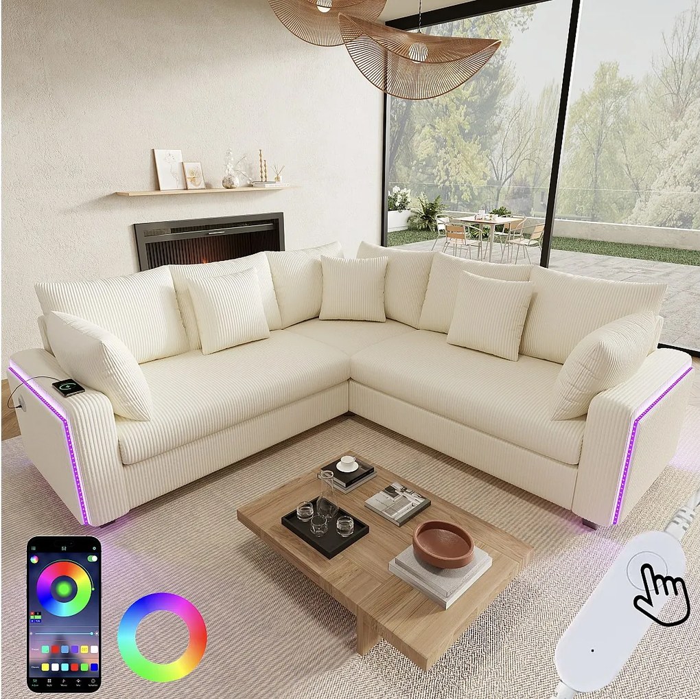 Narożnik L 5-osobowy - 198 x 198 x 83 cm - z diodami LED + port USB + pasujące poduszki - aksamit - beżowy