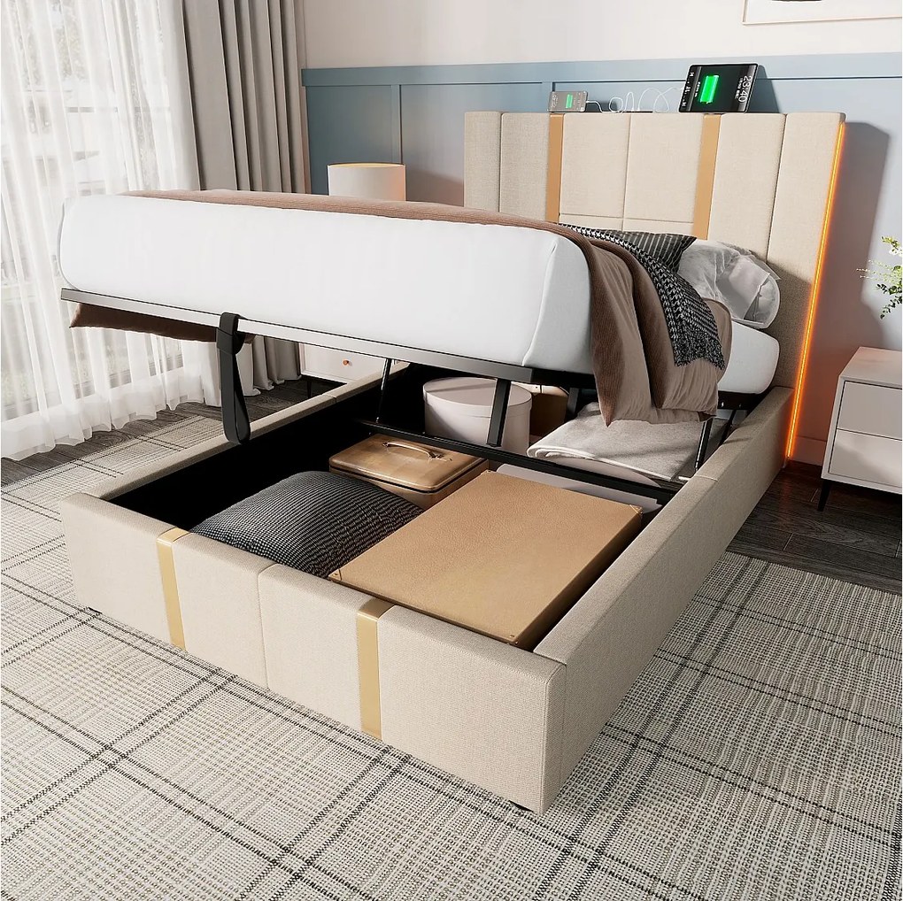 Łóżko ze schowkiem 90x200 cm - beżowy len - łóżko dziecięce z funkcją ładowania LED i USB - bez materaca