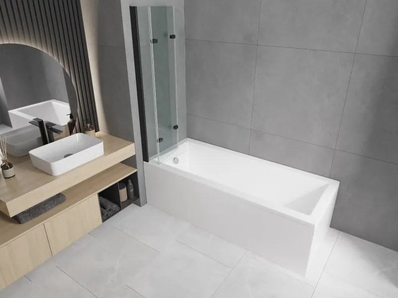 Mexen Cubik wanna prostokątna 160 x 70 cm z obudową i parawanem 3-skrzydłowym 120 cm, transparent, czarny - 550316070X9012037000