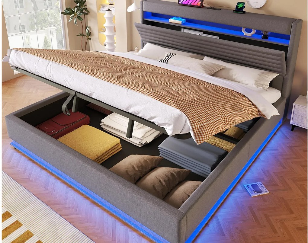 Tapicerowane łóżko z pojemnikiem 180x200 cm - z portem USB Type-C - z oświetleniem LED - z przegródką do przechowywania - Szary​ (materac nie jest wliczony w cenę)