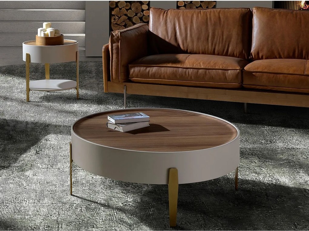 Okrągły stolik kawowy z drewna orzechowego, beżowego drewna i pozłacanej polerowanej stali 2151 ANGEL CERDA